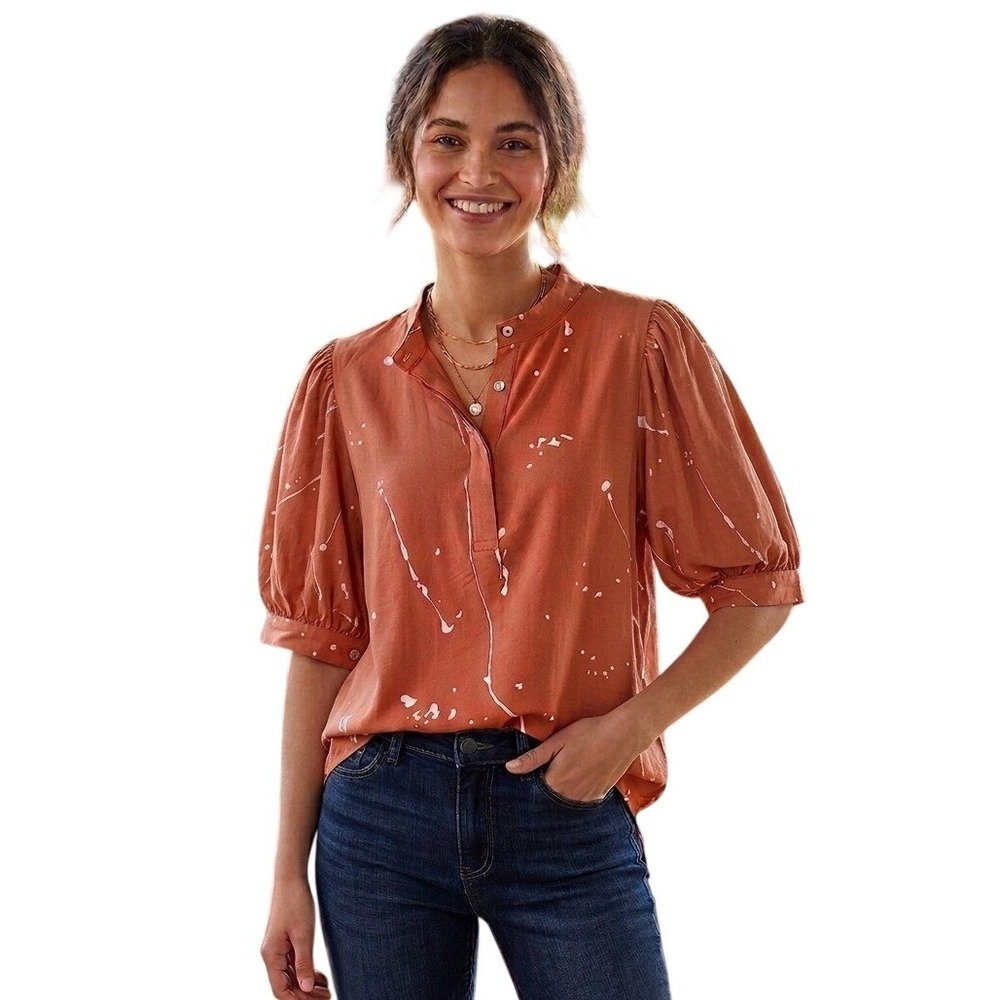 Lior Paris Fina Burnt Orange Paint Splatter Mandarin Collar Henley Sz Sm Blouse
